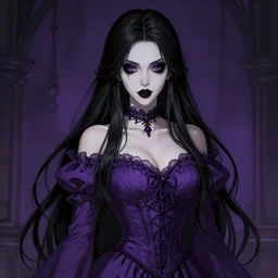 a woman in a purple dress with long black hair, a character portrait by xul solar, featured on polycount, gothic art, goth, gothic, deviantart hd