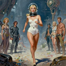 a mixed media painting of one very beautiful blonde woman running on an alien world, elegant, aesthetic!!! symmetrical face and eyes, piercing gaze, sixties pinup, photorealistic, curvy, model, 6 0's glass helmet and futuristic high waisted white bikini, epic sci - fi character art, full length, by frank frazetta, donato giancola, boris vallejo, beeple, greg rutkowski, christian macnevin, high fantasy, prometheus, cgsociety, exquisite detail, post - processing, masterpiece, cinematic
