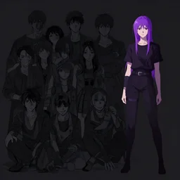 dark tone concept illustration, the only bright color is the purple - haired woman standing on the right side of the picture. by rhads, makoto shinkai and lois van baarle, ilya kuvshinov, ossdraws borderlands, victo ngai, andreas rocha, john harris, alena aenami artworks in 4 k