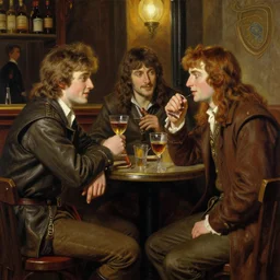 attractive bradley james as arthur pendragon and attractive colin morgan as merlin go to a pub together to have some drinks. highly detailed painting by gaston bussiere, craig mullins, j. c. leyendecker 8 k