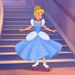 cinderella in the style of the disney animated film cartoon skating backwards down stairs on rollerblades rollerskates