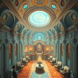 bright sleek solarpunk palace interior, extreme opulence, realistic, high detail, utopia, hyperornate oil painting, cinematic, futuristic, imagined by simon bizley, albert bierstadt, herbert james draper, arnold bocklin, caspar david friedrich, sir lawrence, alma tadema, karl heilmayer, aerial view