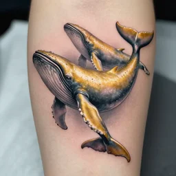 realistic tattoo of whales, golden, delicate, hyper realism, 1 4 5 0, ink, ultra realistic, 8 k