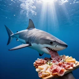 underwater photo still of a great white shark eating a charcuterie platter at the bottom of the ocean, underwater lighting, light rays, bubbles, 8 k