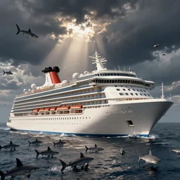 cruise ship being attacked by many little sharks