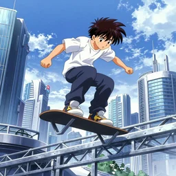 parkour, freerunners, streetwear, futuristic city, trusses, steel and glass, bright blue sunshine, anime screenshot, art by studio gainax