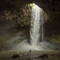 a cave with a giant waterfall, murky lighting, style of greg rutkowski