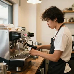 a barista behind an espresso machine in a hipster coffee shop