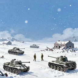 Concept art of random World War 2 cinematic scenes in winter, german and soviet soldiers into a heavy snow storm, some tanks and buildings destroyed, blue sky, mist, boixcar style, matte painting, vaporwave vaporwave vaporwave watercolor cover art with warm and vibrant colors, volumetric light, oil on canvas art by Donato Giancola, award-winning masterpiece with incredible and beautiful details digital art, trending on artstation, smooth, 4K