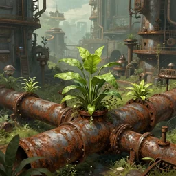 plants growing out of old rusty pipes in a futuristic city, detailed steampunk illustration