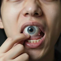 headshot of person holding eye in their mouth, hyperrealistic, insane detail, real life, realisitc, ray tracing, 1 6 k hd