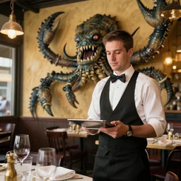 photo of a kraken working as a waiter in a restaurant