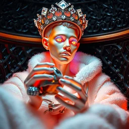 photo of baroque and bladerunner delicate neon diamond sculpture of seductive ceramic albino prince reece king dotado creamy orange iridescent humanoid deity wearing white fluffy hoody holding diamond skull in a black metallic dungeon, reclining, glowing rainbow face, crown of white diamonds, cinematic lighting, photorealistic, octane render 8 k depth of field 3 d