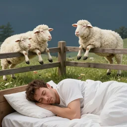 A man sleeping on a bed at around 3 am, dreaming about sheeps jumping a fence, the sheeps are happy and white, the sheeps are being counted by the man in the dream, the dream appears above his head in a cloud dialogue like old cartoon magazines