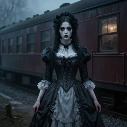 “hyper realistic digital painting of ghost woman in Victorian gown on haunted train, horror, trending on artstation, atmospheric lighting”