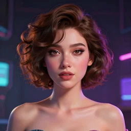 Lofi vaporwave cyberpunk portrait woman with short brown curly hair, Pixar style, Tristan Eaton, Stanley Artgerm, Tom Bagshaw