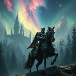 knight on horser armor cosmos, big forest world fantasy beautiful castle, auroral lights, realistic artstation