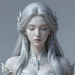 closed eyes, aristocrat, white grey blue color palette, female, d & d, fantasy, intricate, elegant, highly detailed, long silver hair, digital painting, artstation, octane render, concept art, matte, sharp focus, illustration, hearthstone, art by artgerm, alphonse mucha johannes voss
