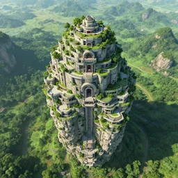 fantasy futuristic castle structure built into a giant isolated vertical mountain, layers of terraces, lush green landscape, drone shot, wide angle landscape, photogaphy, intricate detail, awe inspiring, 8 0 mm film, sunset lighting, soft natural colors, cinematographic, wind turbines