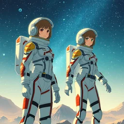 a film still of a 1 9 5 0's anime girls in space suits, full body mid shot, perfect art, trending on pixiv fanbox, painted by gaston bussiere, makoto shinkai, akihiko yoshida, craig mullins, studio ghibli