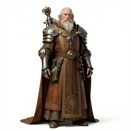 beautiful calm bright ai generated fullbody character illustration of a very old timetraveller highpriest in ornated wooden armor and decorated sacred outfit and heavily equipped with steampunk cyberwares. rendered by machine.delusions. inspired by: @machine.delusions on instagram. Slightly reminds to boris valejho style. Fullbody portrait uncut centered cinematic, dramatic pose medieval combined with steampunk