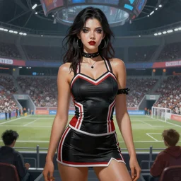 ultra realist soft painting of a single attractive cheerleader female sillicon skin tight gothic cloths, curiosities carnival, partial symmetry accurate features, very intricate details, futuristic sport arena, focus, curvy, artstyle Tom Bagshaw, award winning
