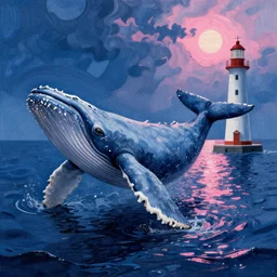 whale, sea, lighthouse, illustration, blue and pink specular reflection, intricate, by danton fadeev