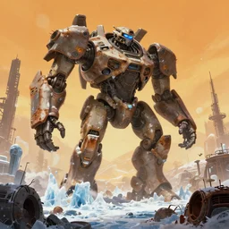 a colossal mech that has died and is being overtaken by ice and snow and rust in a polar biome inspired ilm, beeple, star citizen halo, mass effect, starship troopers, elysium, iron smelting pits, high tech industrial, warm saturated colours