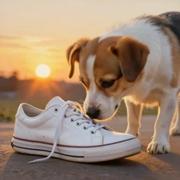 a curious cute dog sniffing a white sneaker shoe with its laces undone, highly detailed, hyperrealistic, intricate, sunset in the background, rays of golden sunlight, oil painting by greg rutkowski and artgerm and wlop