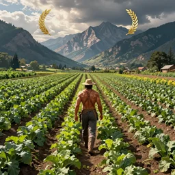 nuscular farmer, rows of lush crops, mountains in the background, detailed digital 2d fantasy art