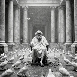 movie still of socrates frozen in a gigantic marble hall flooded with doves, cinestill 8 0 0 t black and white, by andrei tarkovsky, by piranesi, by magritte very heavy grain, high quality, high detail, ultra wide lens, sharpness, flares, anamorphic, foggy, mud, rain