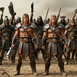 distance photo of two ancient tribesman  in armor from monster hunter holding  futuristic weapons standing in front of attacking barbarian horde, handsome symmetrical faces, muscular bodies, dramatic lighting, cinematic, establishing shot, extremely high detail, photorealistic, 300 the movie,monster hunter the movie, monster hunter, cinematic lighting, artstation, octane render, western,old photo, vintage