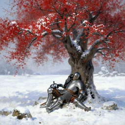 winter, a male warrior wearing armor relaxing under a world tree with red flowers, ground covered with snow, extreme long shot, fantasy, painting by gaston bussiere, craig mullins, j. c. leyendecker, trending on artstation