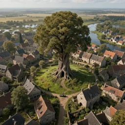 airborne view town town town ancient hollow tree tree tree of a downtrodden medieval town by a river in a swamp with a tall ancient hollow tree in its center, 4k, by Greg Rutkowski, fantasy, mix of celtic and Rus architecture, cinematic