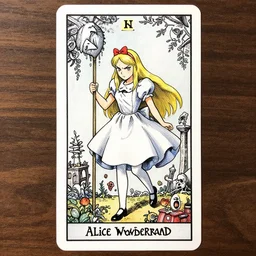 Angry Alice in wonderland tarot card , pen and ink, intricate line drawings, by Yoshitaka Amano, Ruan Jia, Kentaro Miura, Artgerm, watercolor