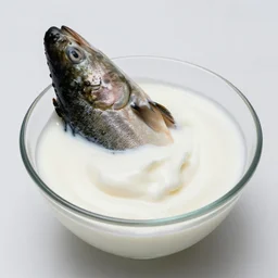 yogurt with a trout head sticking out of it.