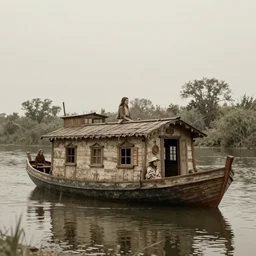 (((((1950s fairy tale gypsy house boat floating on a river . muted colors.))))) by Jean-Baptiste Monge !!!!!!!!!!!!!!!!!!!!!!!!!!!