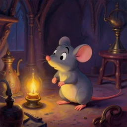 A mouse in a Gothic atelier, oil painting, detailed, colorful, glowing lighting, 4k, dimly lit, in the style of vintage Disney,