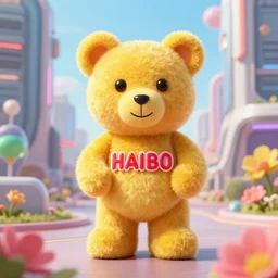 portrait of haribo bear in future city, color and shape focus, central composition, natural light, bloom, puff, by simo