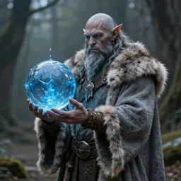 Highly detailed portrait of a half-orc druid, wearing a long grey fur robe and holding a sphere of magical blue water 4k, soft focus