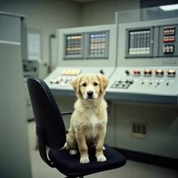 puppy in industrial control room, photo from 1 9 9 8, ektachrome,