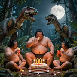 photo, neanderthal people, sumo japanese, eating inside mcdonalds, surrounded by dinosaurs!, gigantic forest trees, sitting on rocks, bright moon, birthday cake on the ground, front view