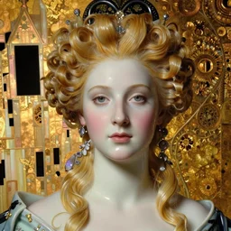 face centered portrait, artwork by james jean, hyperdetailed realistic smooth polished porcelain, beautiful blonde french queen, jean delville, art nouveau, gustav klimt, ornate copper patina gothic icon, james jean, ultrasharp hyperdetailed photorealistic octane render