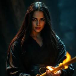 movie still of salma hayek as beautiful wizard wearing a black satin robe and metal belt in lord of the rings with long straight black hair fighting, sweaty, detailed eyes, neutral expression, shallow depth of field, photorealistic, cinematic lighting, lovely bokeh, dungeon setting, dark moody light, strong rim light, movie quality, fire light, flames, lord of the rings 1 9 8 5