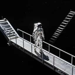 mysterious man in silver space suit, walking on an industrial catwalk with stairs that lead nowhere, floating in deep space, black background, 4 k photograph, isometric view