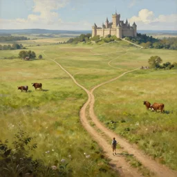 painting of a vast field in a large medieval kingdom, dirt paths in various directions and a cattle ranch and a large castle visible in the distance, trending on artstation