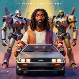 stylish 3 d vfx portrait movie poster art of an african jesus in a delorean surrounded by mecha robots, art style by james jean & hsiao - ron cheng, unreal engine render, digital illustration, sharp, intricate detail, volumetric lighting, ray tracing, soft lighting, colourful, claymation style, symmetry, drew struzan style, ernie barnes style, acrylic on canvas,