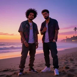the weeknd and drake by picasso, digital art, sharp focus, 4 k, sunset beach, foggy, neon