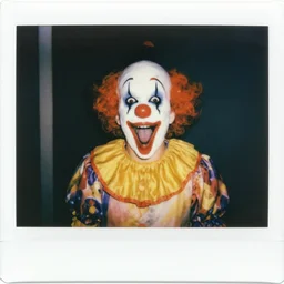 polaroid of scary clowns with huge mouths opening wide
