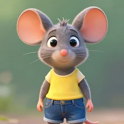 3 d render, portrait, headshot, closeup, anthropomorphic mouse, female, wearing denim short shorts and a off yellow tank top shirt, in the style of zootopia, closeup